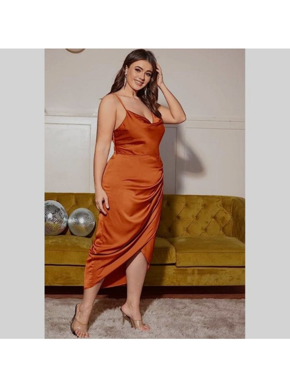 0XL XL Shein Curve terracotta burnt umber orange satin ruched pencil dress